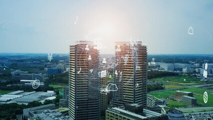 Fototapete - Smart city and communication network concept. 5G. IoT (Internet of Things). Telecommunication.