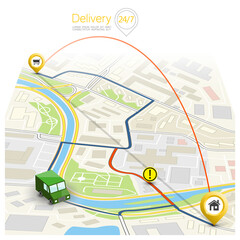 Wall Mural - City map navigation delivery route, point markers delivery van, drawing schema itinerary delivery car, city plan GPS navigation, itinerary destination arrow city map Route delivery check point graphic