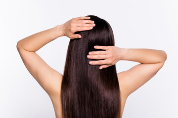 Poster - Back view photo portrait woman with silky straight hair after shower isolated on white color background