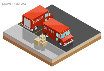 Wall Mural - Isometric delivery van. Cargo truck transportation, box on route, Fast delivery logistic 3d carrier transport, app isometry city freight car, infographic loading goods. Low poly style vehicle truck