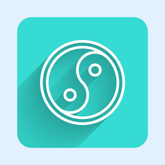 Sticker - White line Yin Yang symbol of harmony and balance icon isolated with long shadow. Green square button. Vector