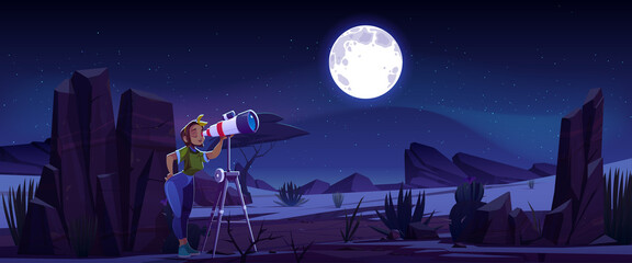 Wall Mural - Woman look in telescope, curious young girl explore moon and stars on dark night sky. Astronomy science learning, space exploration, galaxy observation, hobby or studying, Cartoon vector illustration