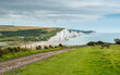 Sussex Coast, England. The cliffs of East Sussex looking over Cuckmere Haven and the Seven Sisters white chalk cliffs into the English Channel.