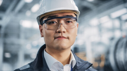 Wall Mural - Portrait of a Professional Asian Heavy Industry Engineer Smiling on Camera. Confident Chinese Industrial Specialist Standing in a Factory Facility, Wearing Safety Uniform, Glasses and Hard Hat. 