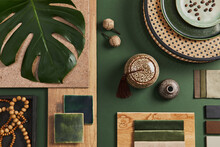 Flat Lay Of Creative Architect Moodboard Composition With Samples Of Building, Textile And Natural Materials And Personal Accessories. Top View, Green Background, Template.