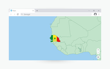  Browser window with map of Senegal, searching  Senegal in internet.