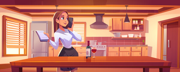 Mom or housewife speaking by smartphone with to-do list in hand stand at dining table with wine glass and bottle, beautiful young woman call by mobile phone from home, Cartoon vector illustration