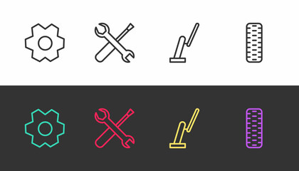 Sticker - Set line Gear, Screwdriver and wrench spanner, Windscreen wiper and Car tire wheel on black and white. Vector