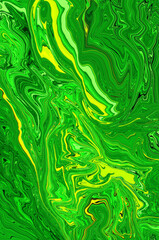 Wall Mural - Abstract bright fluid green background with yellow waves. Art trippy digital backdrop. Curved shapes illustration. Vibrant banner. Water effect. Swirl. Marble texture. Vertical creative template. Wall