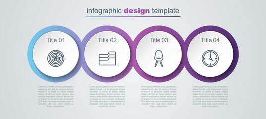 Canvas Print - Set line Target sport, Document folder, Office chair and Clock. Business infographic template. Vector