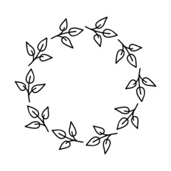 Wall Mural - Hand-drawn wreath on white background. Black plant doodle wreath.