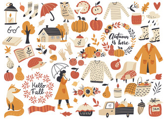 autumn set, fall clip art, design elements collection with leaf, pumpkins, sweater, wreaths, and oth