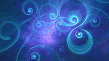 Abstract Fractal Art Background Of Infinitely Repeating Curls And Swirls, Like Decorative Flourishes. Blue And Purple.