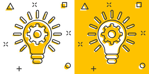 Innovation icon in comic style. Lightbulb with cogwheel cartoon vector illustration on white isolated background. Idea splash effect business concept.