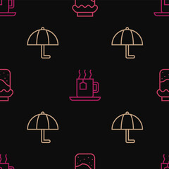 Sticker - Set line Jam jar, Umbrella and Cup of tea with tea bag on seamless pattern. Vector