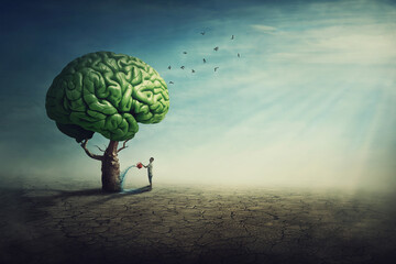 surreal brain tree in a desolate land and a determined person watering it using a sprinkling can. ma