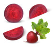 Beetroot with leaves, fresh whole_and sliced beet isolated on white background. Set. Collection.