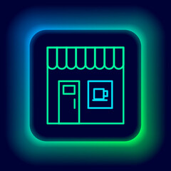 Sticker - Glowing neon line Coffee shop icon isolated on black background. Colorful outline concept. Vector