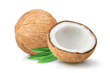 Poster - Fresh coconut fruit and cut in half sliced with green leaves isolated on white background. 