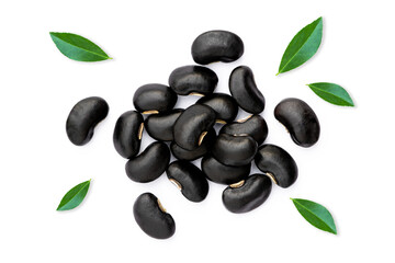 Poster - Black beans with green leaf isolated on white background. 