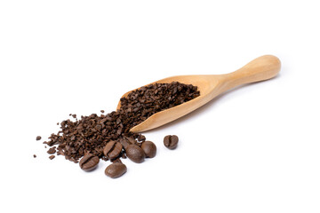 Poster - Instant granulated coffee in wooden spoon with roasted coffe beans isolated on white background.