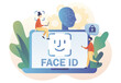 Face ID concept. Biometric identification system. Tiny people scans and recognition faceusing laser in laptop. Data security. Modern flat cartoon style. Vector illustration on white background