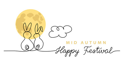 Canvas Print - Chinese Mid Autumn Festival vector background, banner, poster with two rabbits looking at the moon. One line drawing art illustration with lettering happy festival