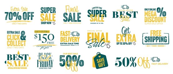 Wall Mural - Sale and mega discount sticker, fast delivery label set. Best marketing offer with final extra sale and half price tag. Fast delivery and black friday clearance stamp isolated vector illustration