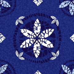 Wall Mural - Vector blue shibori quilt abstract flower and round circle seamless pattern with terrazzo background 09. Suitable for textile, gift wrap and wallpaper.