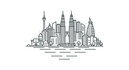 Poster - City of Kuala Lumpur, Malaysia architecture line skyline illustration. Linear vector cityscape with famous landmarks, city sights, design icons, with editable strokes isolated on white background.