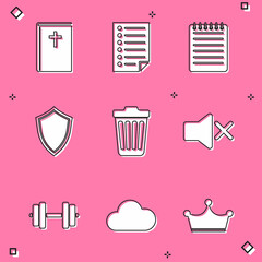 Poster - Set Holy bible book, Document, Notebook, Shield, Trash can and Speaker mute icon. Vector