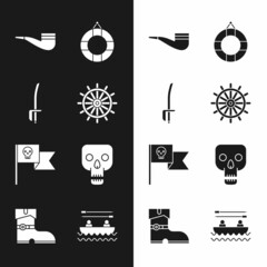 Wall Mural - Set Ship steering wheel, Pirate sword, Smoking pipe, Lifebuoy, flag with skull, Skull, Boat oars and Leather pirate boots icon. Vector