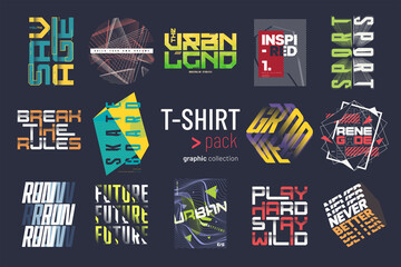 Collection of fourteen colorful vector t-shirt graphic designs, prints, illustrations