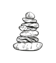Stones Pebbles Balancing Vector Illustration. Stone Stacking Art, Sketch Style Print. Cairn Stones. Balancing And Stack Rocks Emblem. 