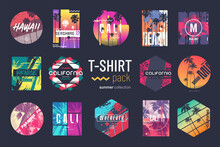 Collection Of Fourteen Colorful Vector T-shirt Summer Designs, Prints, Illustrations