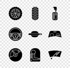 Sticker - set car wheel, tire, gear shifter, speedometer, windscreen wiper, steering and door handle icon. vec