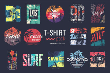 collection of fourteen colorful vector t-shirt summer designs, prints, illustrations