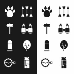 Sticker - Set Binoculars, Road traffic sign, Paw print, Hipster arrows, Bullet, Tree, Lighter and Trap hunting icon. Vector