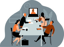 Hybrid Workplace Company Holding A Meeting Where Some Employees Participating Via Online Video Conference, EPS 8 Vector Illustration