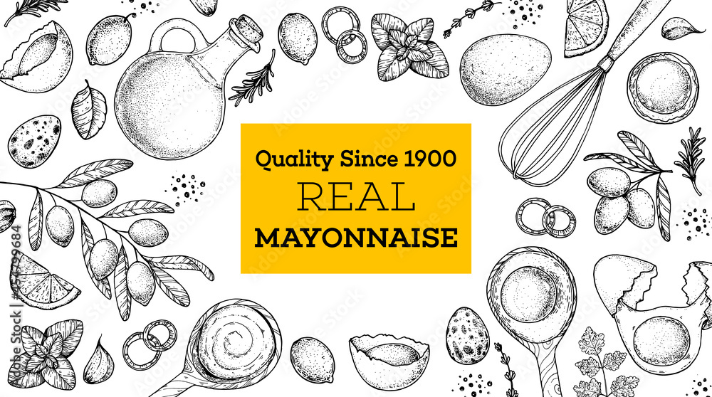 Mayonnaise sauce cooking and ingredients frame. Hand drawn sketch ...