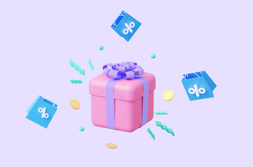 One pink gift with abstract elements and flying packages. The concept of sales, profitable purchases. 3d rendering illustration