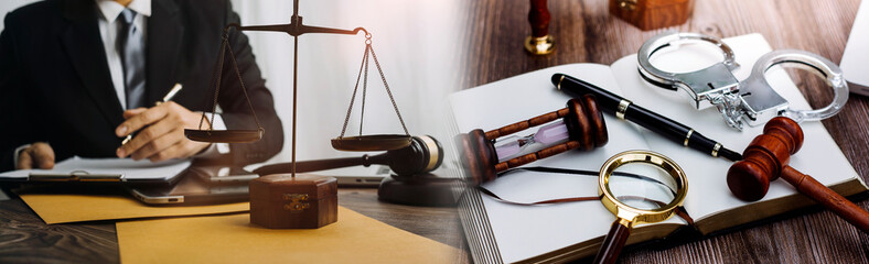 Business and lawyers discussing contract papers with brass scale on desk in office. Law, legal services, advice, justice and law concept picture with film grain effect