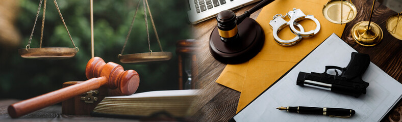 Business and lawyers discussing contract papers with brass scale on desk in office. Law, legal services, advice, justice and law concept picture with film grain effect