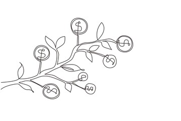 Wall Mural - Continuous one line drawing dollar symbol hanging from tree branch. Money tree. Green cash banknotes with golden coins. Concept for return money investment. Single line draw design vector illustration