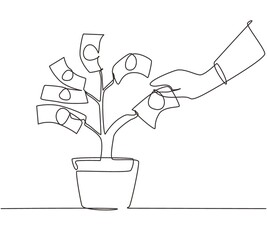 Single continuous line drawing hand pick up dollar banknote from money tree. Hand of businessman who pours money tree. Concept of earnings, success in work, money. Dynamic one line draw graphic design