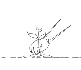 Wall Mural - single continuous line drawing young woman planting a tree in the garden. ecology concept. the sprin