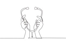 Continuous One Line Drawing Medical Background With Hands Holding Stethoscope. Doctor Hands Raised Up And Holding Stethoscope Closeup. Medical Help. Single Line Draw Design Vector Graphic Illustration