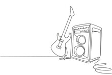Single Continuous Line Drawing Electric Guitar With Amplifier. Rock Music Illuminated Stage Background With Microphone Electric Guitar And Speakers. One Line Draw Graphic Design Vector Illustration