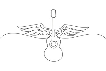 Wall Mural - Continuous one line drawing musical emblem with wings, fire and caption guitar music. Musical instrument. Rock concert. Acoustic guitar with wings. Single line draw design vector graphic illustration
