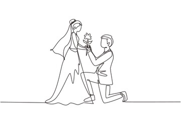 Wall Mural - Continuous one line drawing man on knee gives flowers to woman. Young guy giving to girl rose flower in wedding day. Happy romantic couple in love. Single line draw design vector graphic illustration